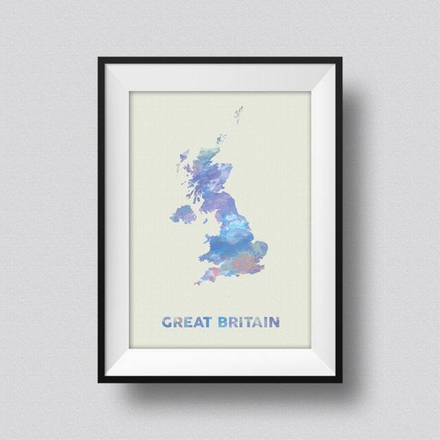 Great Britain Watercolor Map Art Print United Kingdom Poster Canvas