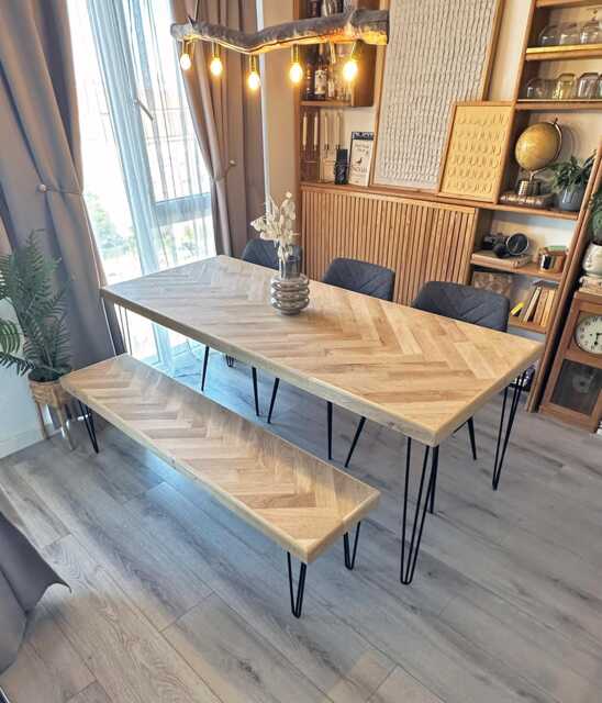 Solid Light Oak Dining Table With A Herringbone Inlay & Optional Bench - image 1