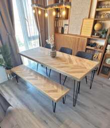 Solid Light Oak Dining Table With A Herringbone Inlay & Optional Bench - thumbnail 1