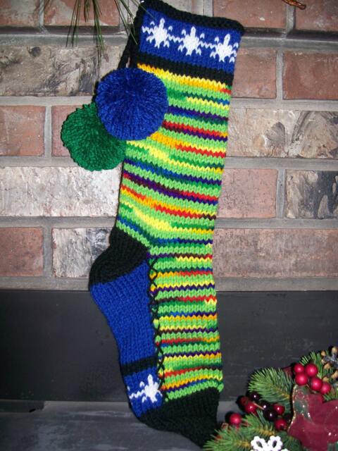 Hand Knit Christmas Stocking Green Blue Rainbow Stripe White Snowflake By Santa's Works - image 1