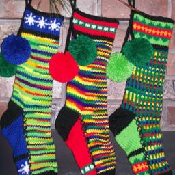 Hand Knit Christmas Stocking Green Blue Rainbow Stripe White Snowflake By Santa's Works - thumbnail 3
