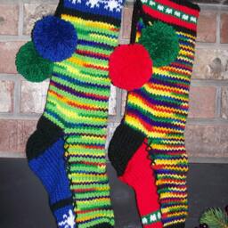 Hand Knit Christmas Stocking Green Blue Rainbow Stripe White Snowflake By Santa's Works - thumbnail 2