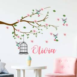 Personalised Cherry Blossom Name Wall Sticker Custom Tree Branch Decal Hummingbird, Birdcage Nursery Art - thumbnail 2