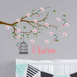 Personalised Cherry Blossom Name Wall Sticker Custom Tree Branch Decal Hummingbird, Birdcage Nursery Art - thumbnail 1