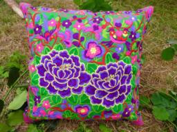 Embroidered Cushion Cover, Purple Green Cushion, Hmong Hilltribe, Thai Bohemian, Boho, Pillowcase, Pillow 50x50cm - thumbnail 1