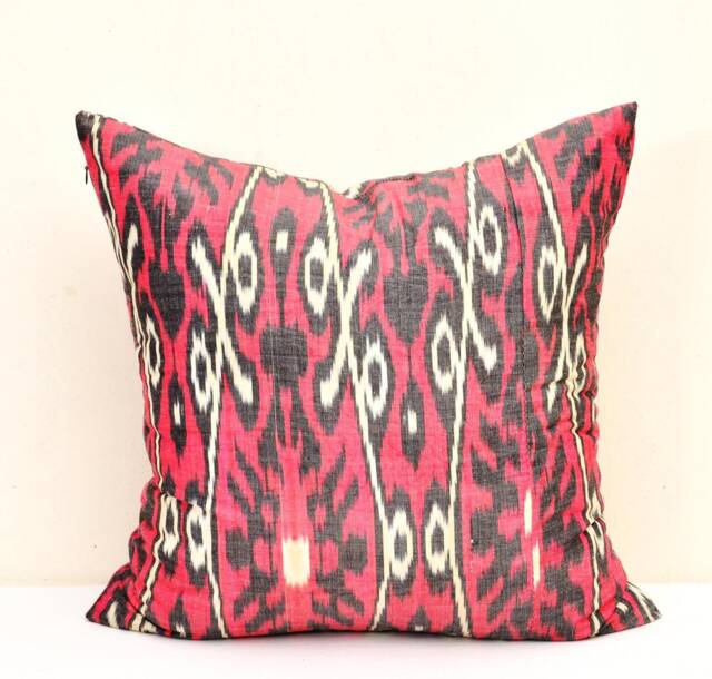 Indian Red Ikat Pillow Cover, Handloom Silk Cotton Cushion - 20x20 In - image 1