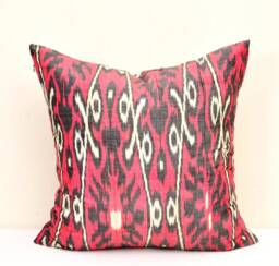 Indian Red Ikat Pillow Cover, Handloom Silk Cotton Cushion - 20x20 In - thumbnail 1