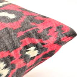 Indian Red Ikat Pillow Cover, Handloom Silk Cotton Cushion - 20x20 In - thumbnail 3
