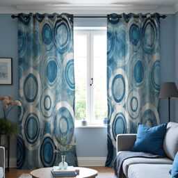 Blue Retro Circle Curtains, Modern Abstract Geometric Drapes, Mid-Century Style Window Panels - thumbnail 2