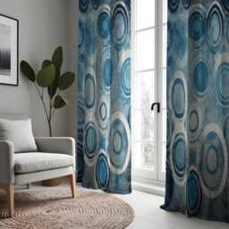 Blue Retro Circle Curtains, Modern Abstract Geometric Drapes, Mid-Century Style Window Panels - thumbnail 4