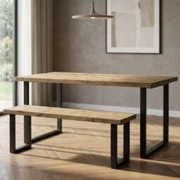 Handmade Rustic Industrial Table & Bench Set