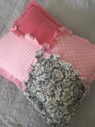 "Handmade Rag Quilted Pillow Pink & Gray Plush Fleece, 20"" X 16"