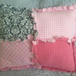 "Handmade Rag Quilted Pillow Pink & Gray Plush Fleece, 20"" X 16" - thumbnail 2