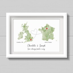 Long Distance Relationship Gift, Valentines Day Present For Boyfriend Or Girlfriend, Personalised Watercolour Style Map Print - thumbnail 3