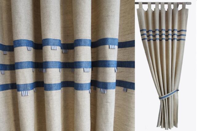 Ocean Theme Kids Tab Linen Blackout Curtains Navy Blue Pin Stripes, Baby Boy Coastal Nautical Drapes, Beach Hut Royal Beige - image 1