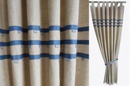 Ocean Theme Kids Tab Linen Blackout Curtains Navy Blue Pin Stripes, Baby Boy Coastal Nautical Drapes, Beach Hut Royal Beige - thumbnail 1