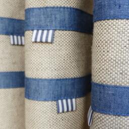 Ocean Theme Kids Tab Linen Blackout Curtains Navy Blue Pin Stripes, Baby Boy Coastal Nautical Drapes, Beach Hut Royal Beige - thumbnail 2