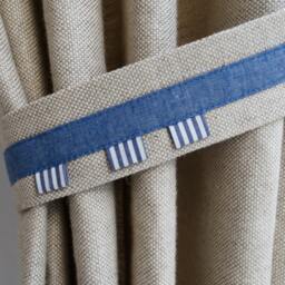 Ocean Theme Kids Tab Linen Blackout Curtains Navy Blue Pin Stripes, Baby Boy Coastal Nautical Drapes, Beach Hut Royal Beige - thumbnail 3