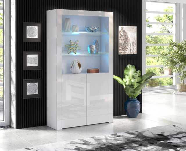 Furneo White Display Cabinet Modern High Gloss &matt 2-Door Cupboard Led Lights Clifton 20 - image 1