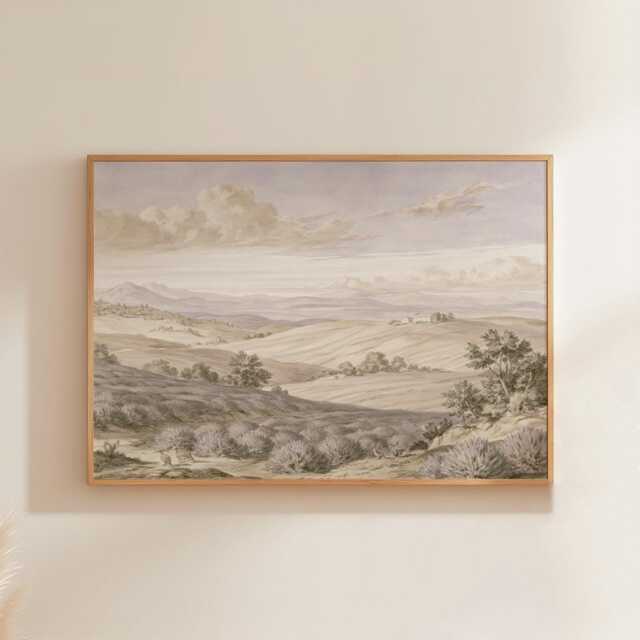 Beige Countryside Landscape Poster, Vintage Paper Wall Art - image 1
