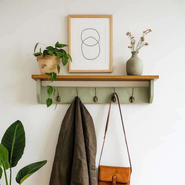 Sage Green Coat Hooks With Shelf - Handmade Wooden Entryway Organizer Black, Chrome, Brass, Bronze, Copper Hook Options - image 1