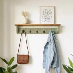 Sage Green Coat Hooks With Shelf - Handmade Wooden Entryway Organizer Black, Chrome, Brass, Bronze, Copper Hook Options - thumbnail 3