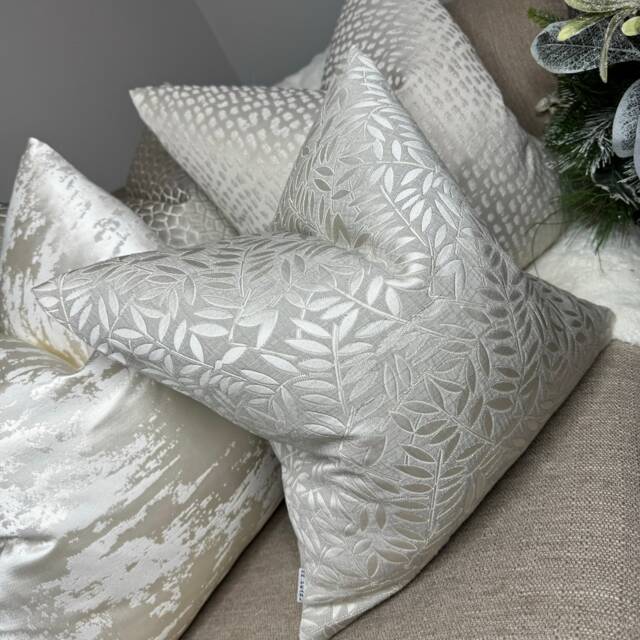 Leaf Cushion Cover, Pillow Sham Silver Textured Designer Studio G Fabric, Scatter Sofa - Bed Cover Double Sided- Luxury Fabric - image 1