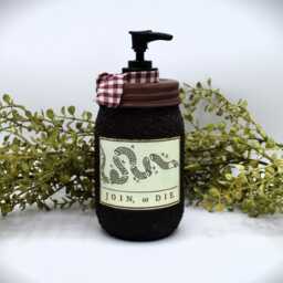 Mason Jar Hand Soap Dispenser Colonial Americana, Join Or Die, Grubby Pump & Folk Art Print, Early American Bathroom Decor - thumbnail 2