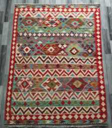 Tribal Kilim Rug, Handmade Artisan Afghan Turkish, Scandinavian, Navajo, Bohemian Flatweave, Natural Wool Multicolour Rug 194x146 cm - thumbnail 1