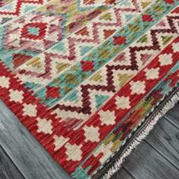 Tribal Kilim Rug, Handmade Artisan Afghan Turkish, Scandinavian, Navajo, Bohemian Flatweave, Natural Wool Multicolour Rug 194x146 cm - thumbnail 3