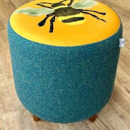 Bumble Bee Velvet & Green Harris Tweed Footstool With Mini Dark Wooden Feet - thumbnail 2