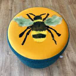 Bumble Bee Velvet & Green Harris Tweed Footstool With Mini Dark Wooden Feet - thumbnail 3
