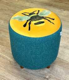 Bumble Bee Velvet & Green Harris Tweed Footstool With Mini Dark Wooden Feet