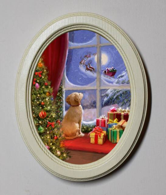 Oval Ivory Wooden Framed Picture, Wall Hanging, Home Decor, Christmas Puppy Watching Santa - image 1