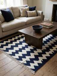 Navy Blue Zigzag Stripes Rug - Handwoven Cotton Chevron Area For Modern Living Room Decor in Custom Options - thumbnail 1