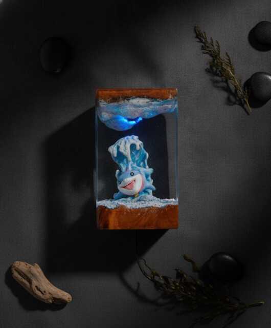 Jeff The Landshark Resin Lamp Led Night Light, Unique Anime Manga Desktop Decor, Custom Gamer Room Art Piece, Handcrafted Epoxy Wood Gift - image 1