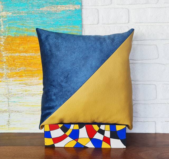 Diagonal Color Block Lemon Teal Blue Baby Face Velvet & Yellow Faux Leather Pillow Cover/Custom Throw Pillow/Lumbar-Square Cover-1Qty - image 1