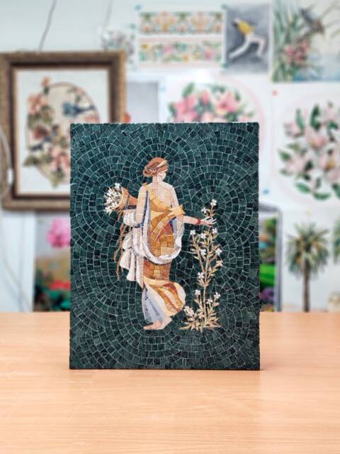 Marble Mosaic Roman Fresco, Wall Decor Spring Gift, Tile Painting Flowers, Woman Oilpainting Mural Print - image 1