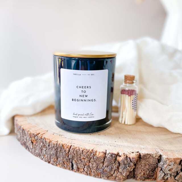 Cheers To New Beginnings Scented Candle Vegan Soy Wax, Metal Lid Housewarming Gift - image 1