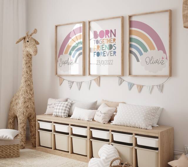 Sisters Bedroom Decor, Twins Print, Born Together Friends Forever, Siblings, Playroom, Bro, Sis, Girls Wall Art, Set Of 3