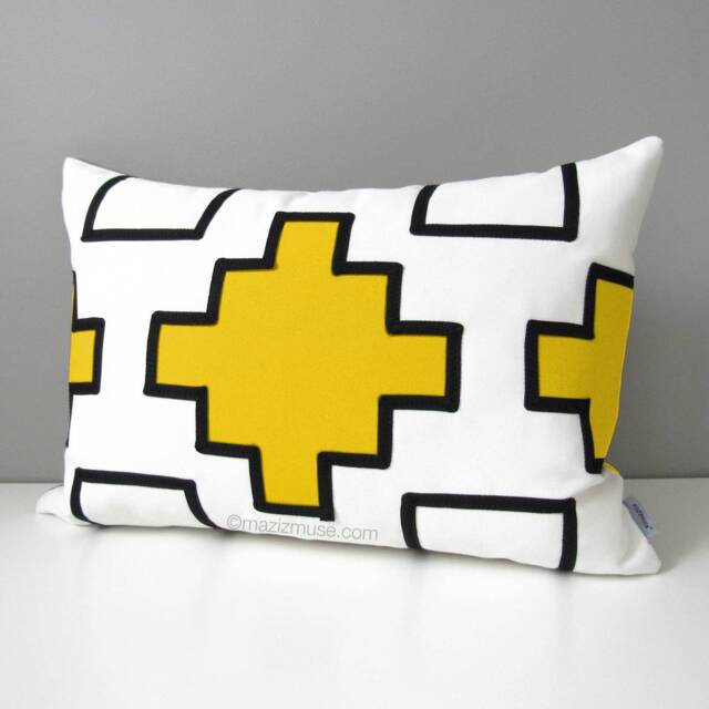 Black & White Sunbrella Outdoor Pillow Cover With Modern Yellow Geometric Design, Decorative Sunflower Cushions For Pool & Patio Loungers - image 1