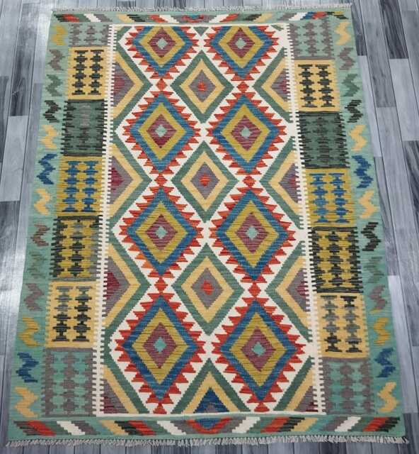 Turquoise Kilim Rug, Handmade Artisan Afghan Turkish, Scandinavian, Navajo, Bohemian Flatweave, Natural Wool Rug 193x154 cm - image 1