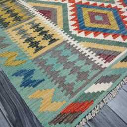 Turquoise Kilim Rug, Handmade Artisan Afghan Turkish, Scandinavian, Navajo, Bohemian Flatweave, Natural Wool Rug 193x154 cm - thumbnail 3
