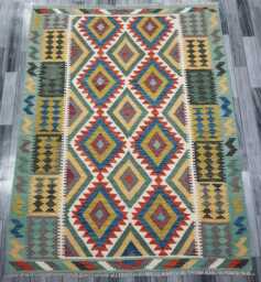 Turquoise Kilim Rug, Handmade Artisan Afghan Turkish, Scandinavian, Navajo, Bohemian Flatweave, Natural Wool Rug 193x154 cm - thumbnail 1