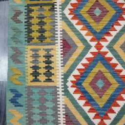 Turquoise Kilim Rug, Handmade Artisan Afghan Turkish, Scandinavian, Navajo, Bohemian Flatweave, Natural Wool Rug 193x154 cm - thumbnail 2