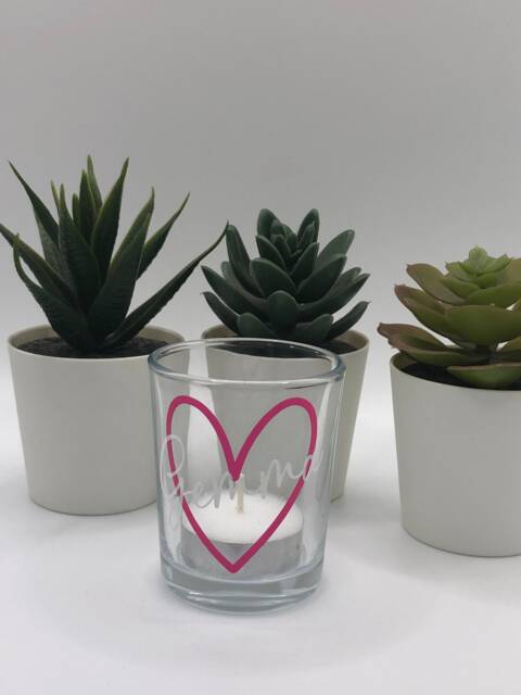 Personalised Tea Light Holder - Glass Candle, Heart & Name - image 1