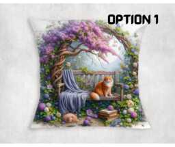 Cat On Garden Bench Cushion Cover Floral Canvas Pillow, Indoor/Outdoor Decor - thumbnail 1