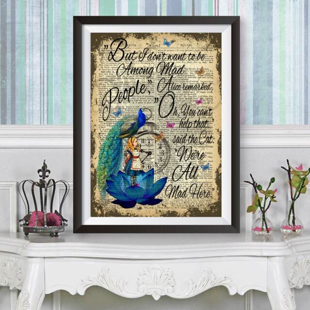 Alice in Wonderland Wall Art, & The Peacock, Dictionary Book Artwork Poster, Lewis Carroll Quote, Original Illustration