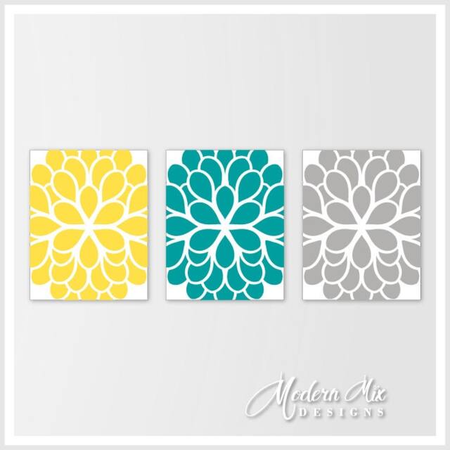 Flower Wall Art Print Dahlia Art Yellow Turquoise Gray Nursery Bedroom Bathroom Canvas Decor M 002 01 - image 1