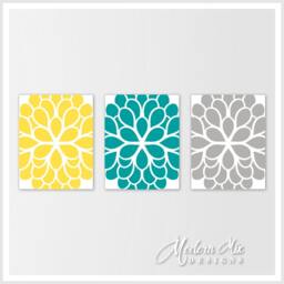 Flower Wall Art Print Dahlia Art Yellow Turquoise Gray Nursery Bedroom Bathroom Canvas Decor M 002 01